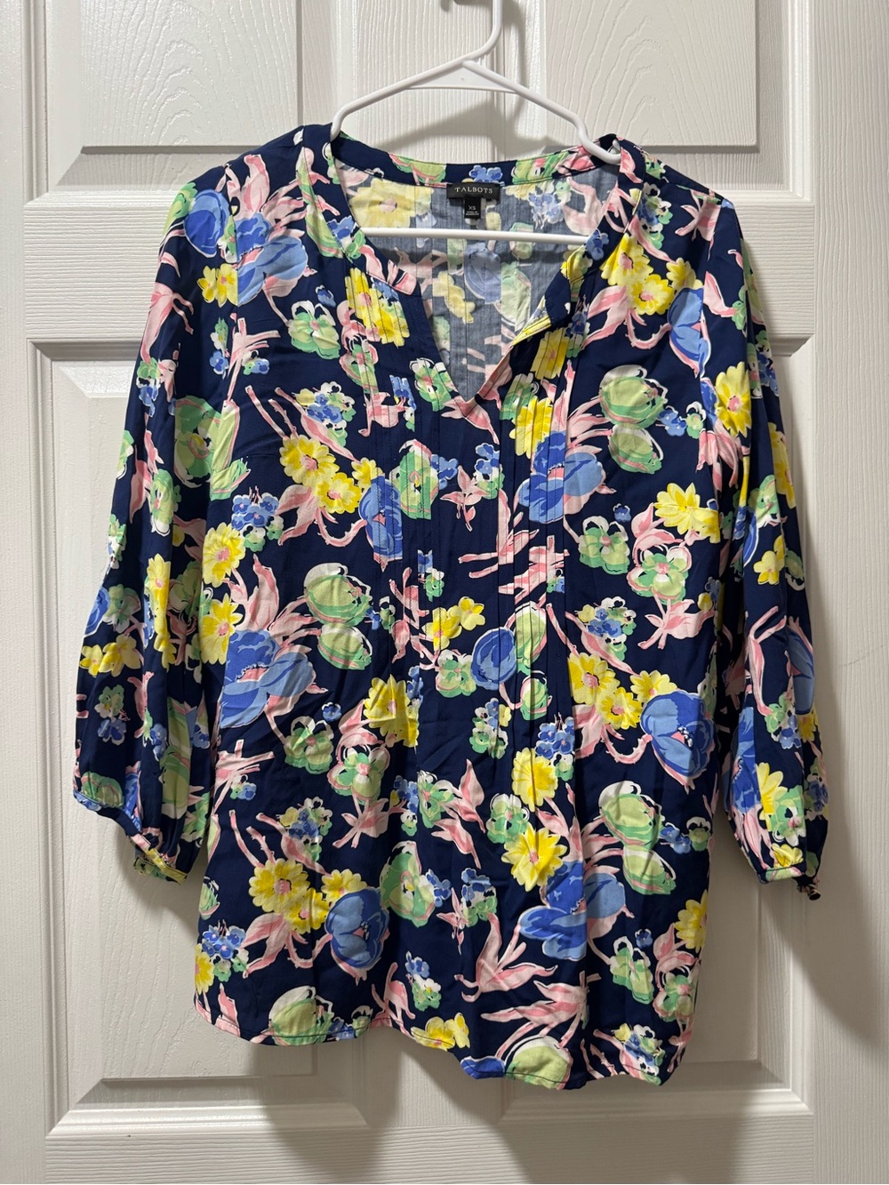 Talbots Navy Floral Split-Neck Blouse with Pink, Yellow, Blue & Green Accents